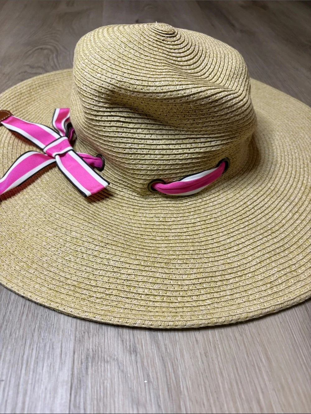J. Crew Floppy Straw Sun Hat with Pink Striped Bow summer beach vacation cruise